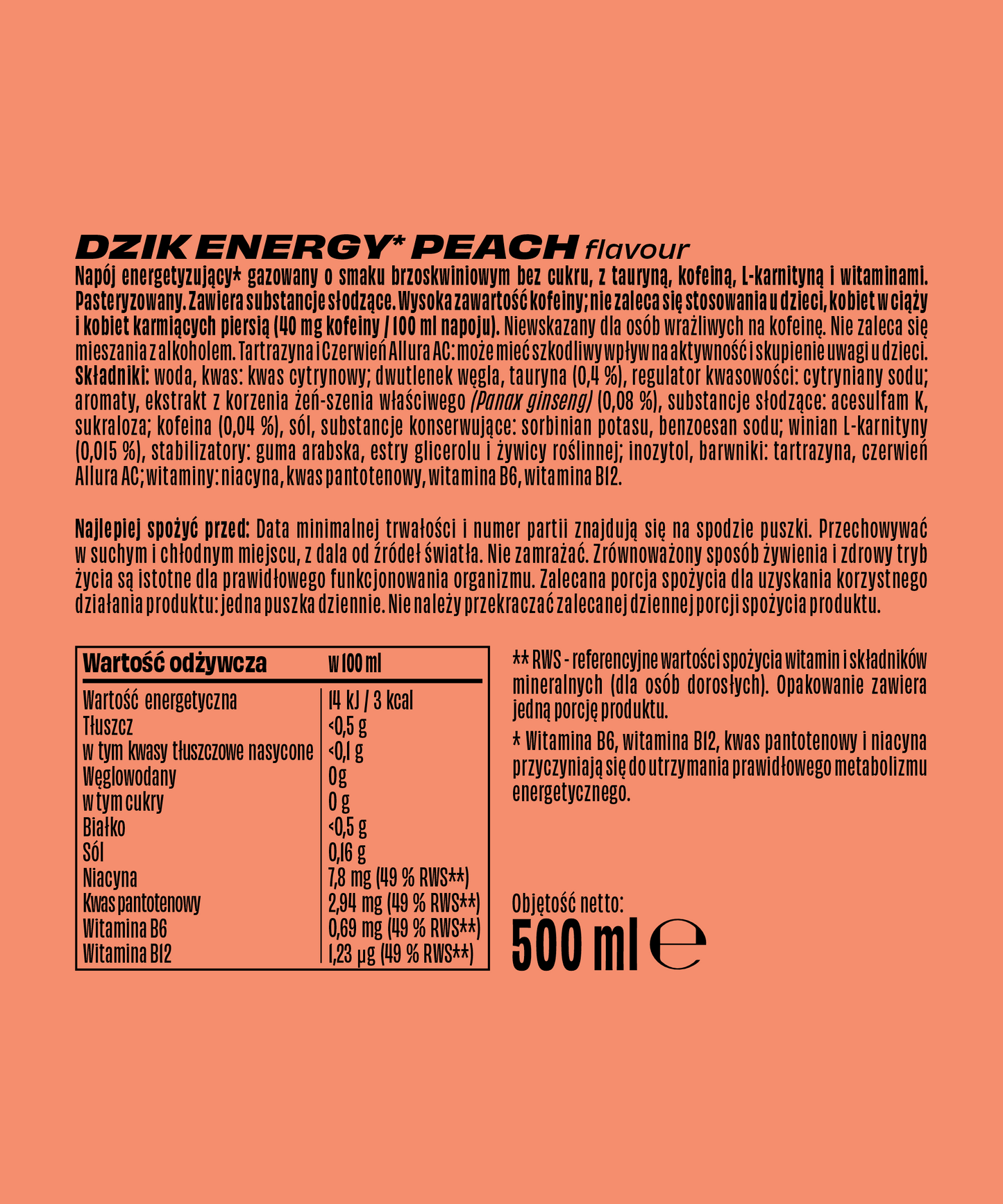 DZIK® Energy Peach Brzoskwiniowy 500 ml